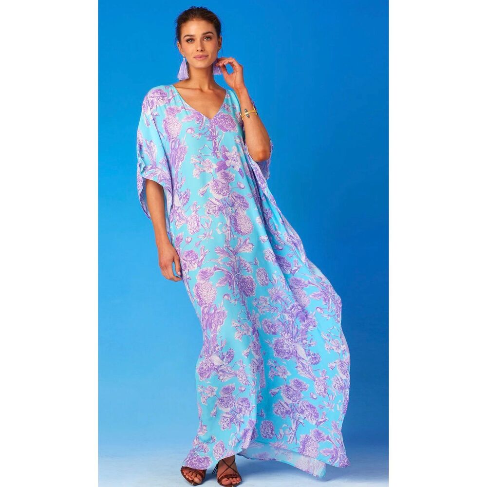 NWOT NICOBLU CAMILLE KAFTAN IN TURQUOISE AND PURPLE FLORAL TOILE, plus, $298 G28